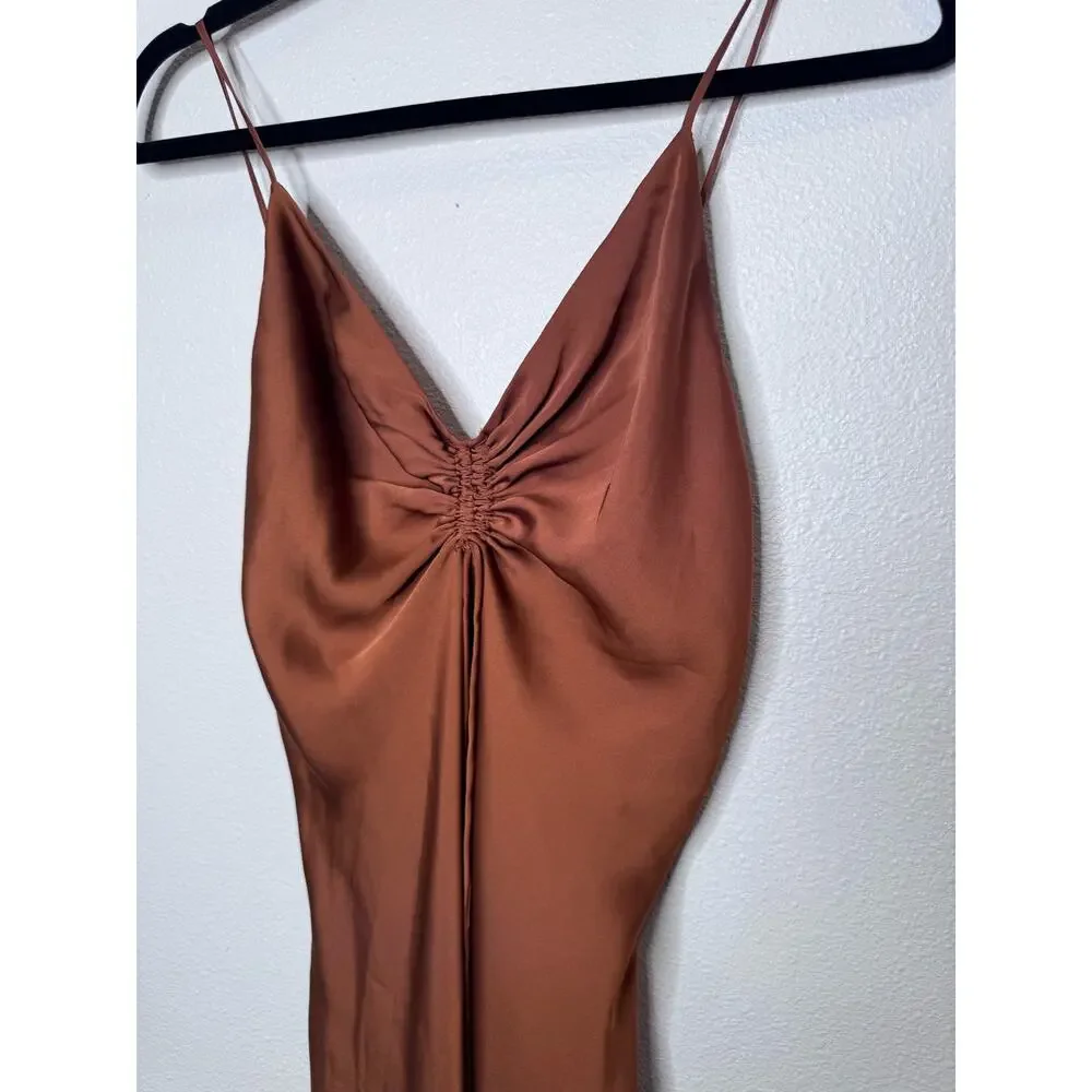 AllSaints Alexia ruched satin asymmetric midi dress in bronze Size 2 XS - Picture 5 of 8